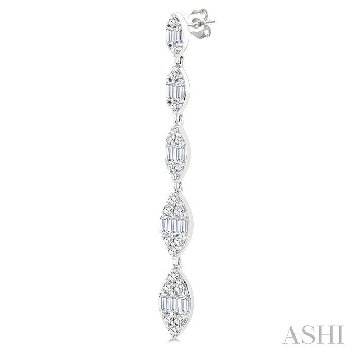 1 1/2 Ctw Marquise Shape Fusion Baguette and Round Cut Diamond Fashion Long Earring in 14K White Gold