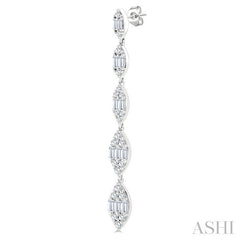 1 1/2 Ctw Marquise Shape Fusion Baguette and Round Cut Diamond Fashion Long Earring in 14K White Gold