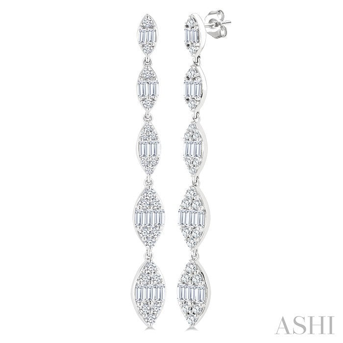 1 1/2 Ctw Marquise Shape Fusion Baguette and Round Cut Diamond Fashion Long Earring in 14K White Gold