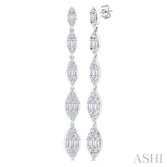 1 1/2 Ctw Marquise Shape Fusion Baguette and Round Cut Diamond Fashion Long Earring in 14K White Gold