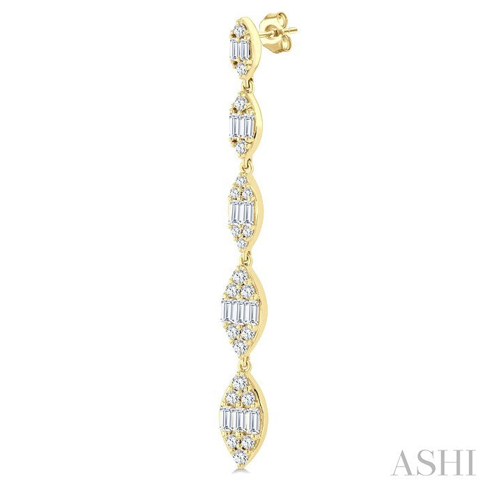 1 1/2 Ctw Marquise Shape Fusion Baguette and Round Cut Diamond Fashion Long Earring in 14K Yellow Gold