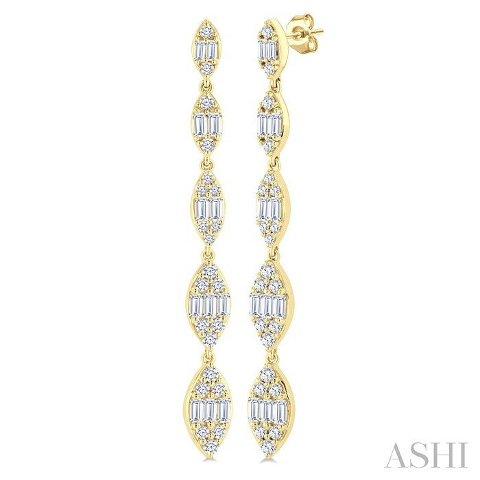 1 1/2 Ctw Marquise Shape Fusion Baguette and Round Cut Diamond Fashion Long Earring in 14K Yellow Gold