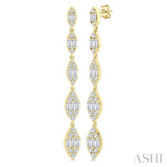 1 1/2 Ctw Marquise Shape Fusion Baguette and Round Cut Diamond Fashion Long Earring in 14K Yellow Gold