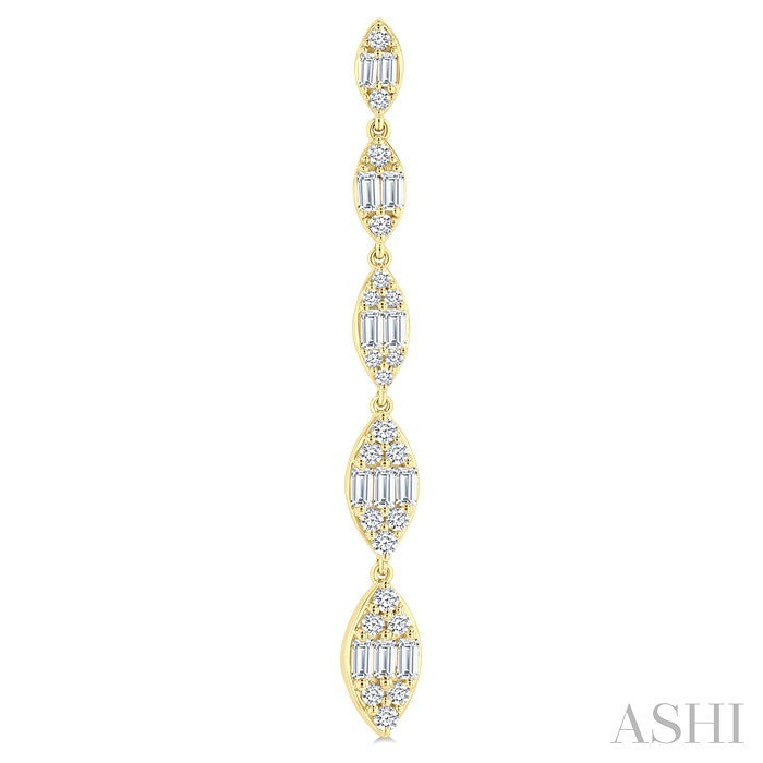 1 1/2 Ctw Marquise Shape Fusion Baguette and Round Cut Diamond Fashion Long Earring in 14K Yellow Gold