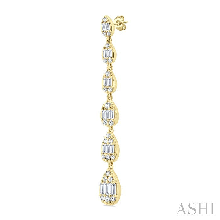 1 1/2 Ctw Pear Shape Fusion Baguette and Round Cut Diamond Fashion Long Earring in 14K Yellow Gold