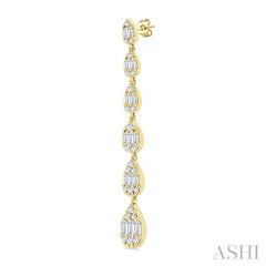 1 1/2 Ctw Pear Shape Fusion Baguette and Round Cut Diamond Fashion Long Earring in 14K Yellow Gold