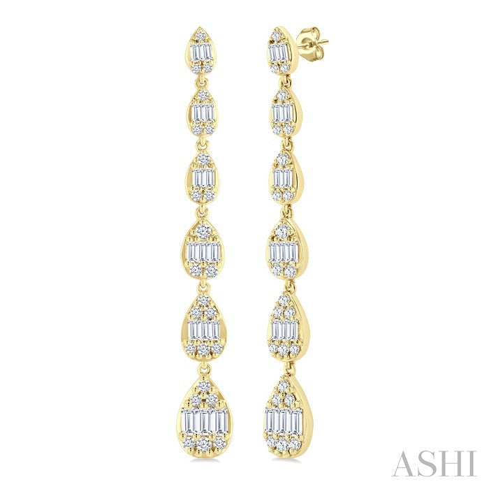 1 1/2 Ctw Pear Shape Fusion Baguette and Round Cut Diamond Fashion Long Earring in 14K Yellow Gold
