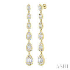 1 1/2 Ctw Pear Shape Fusion Baguette and Round Cut Diamond Fashion Long Earring in 14K Yellow Gold