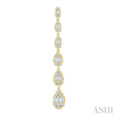 1 1/2 Ctw Pear Shape Fusion Baguette and Round Cut Diamond Fashion Long Earring in 14K Yellow Gold