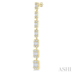 1 1/2 Ctw Fusion Baguette and Round Cut Diamond Fashion Long Earring in 14K Yellow Gold