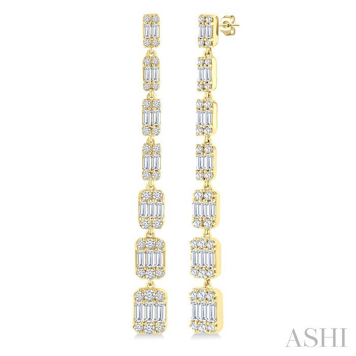 1 1/2 Ctw Fusion Baguette and Round Cut Diamond Fashion Long Earring in 14K Yellow Gold
