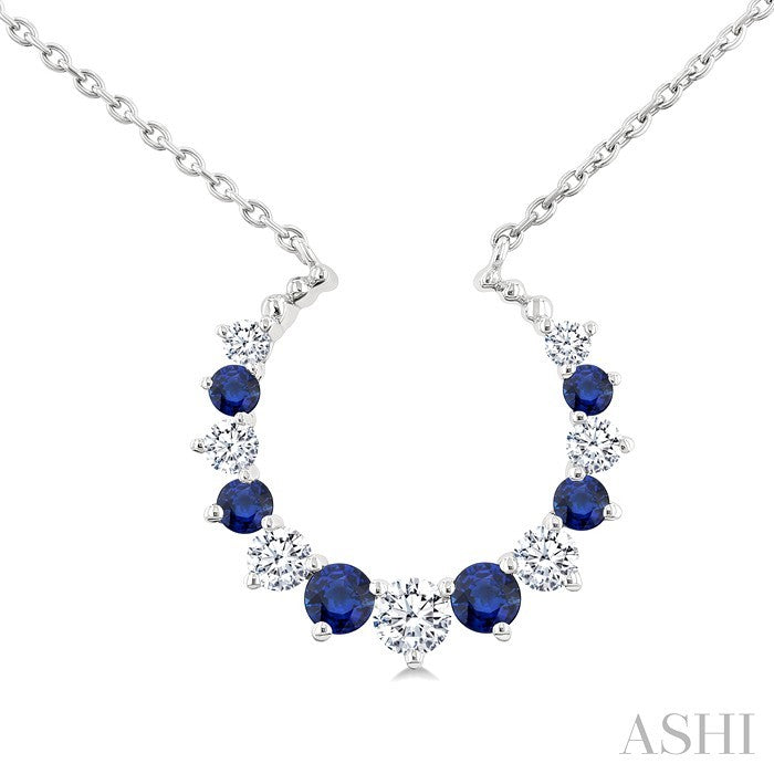 1.75 MM, 2.10 MM & 2.5 MM Round Cut Sapphire and 1/4 Ctw Round Cut Diamond Precious Alternating Pendant With Chain in 14K White Gold