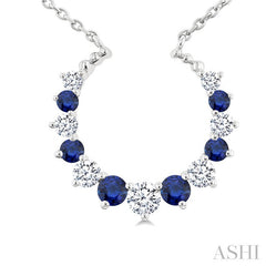 1.75 MM, 2.10 MM & 2.5 MM Round Cut Sapphire and 1/4 Ctw Round Cut Diamond Precious Alternating Pendant With Chain in 14K White Gold