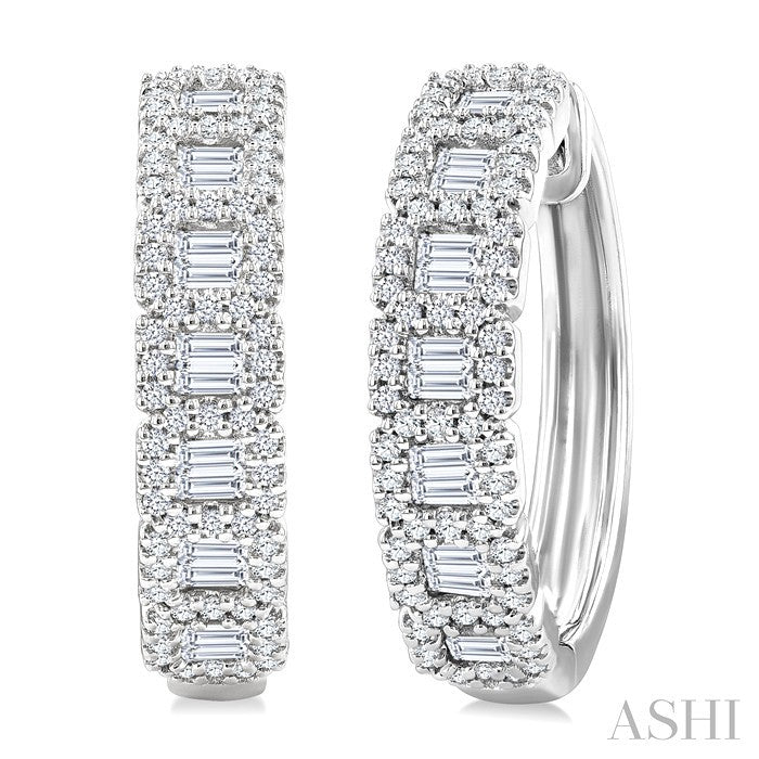 1 Ctw Fusion Baguette and Round Cut Diamond Fashion Hoop Earring in 14K White Gold