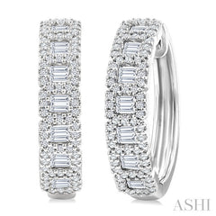 1 Ctw Fusion Baguette and Round Cut Diamond Fashion Hoop Earring in 14K White Gold