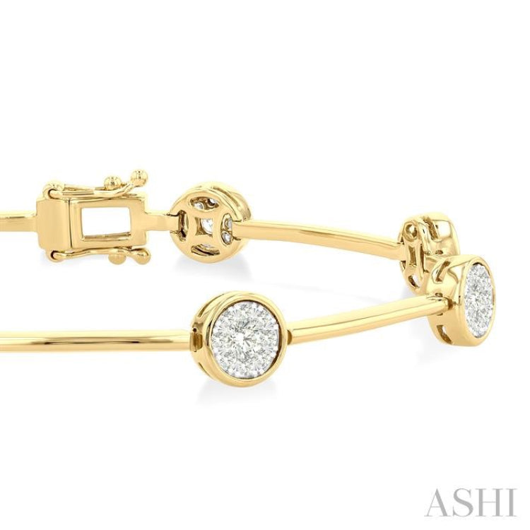 1 1/5 Ctw Lovebright Circular and Bar Shape Link Round Cut Diamond Bracelet in 14K Yellow and White Gold