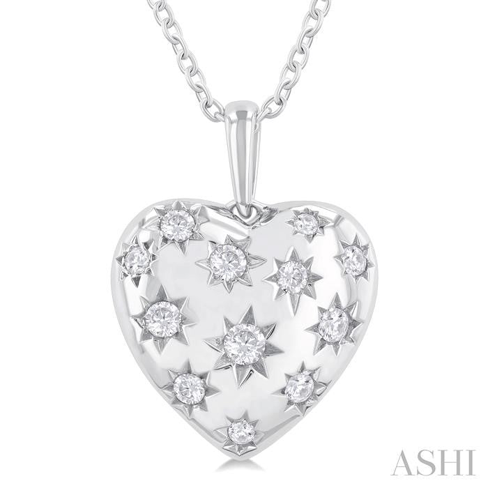 1/6 Ctw Bold Star Engraved Puffed Heart Round Cut Diamond Fashion Pendant With Chain in 10K White Gold