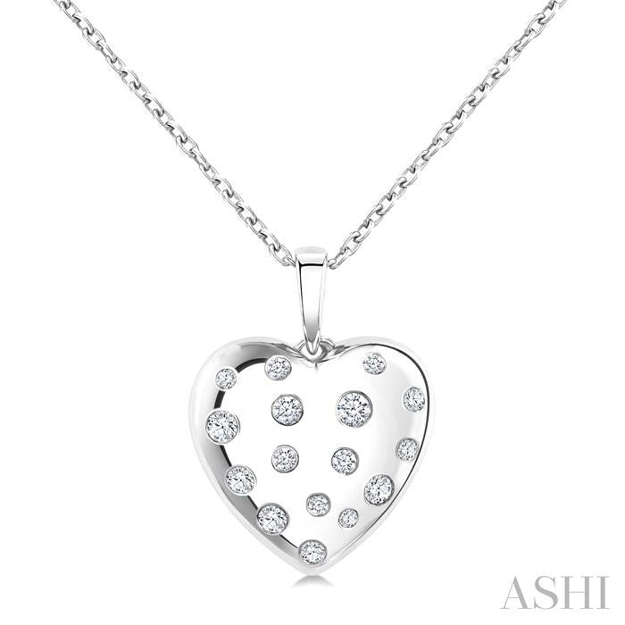 1/6 Ctw Bold Puffed Heart Round Cut Diamond Sprinkled Fashion Pendant With Chain in 10K White Gold