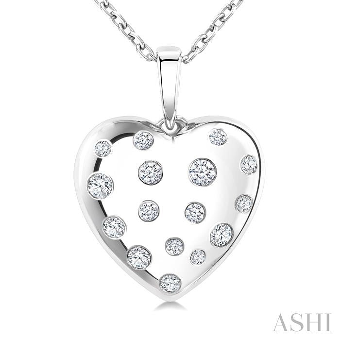 1/6 Ctw Bold Puffed Heart Round Cut Diamond Sprinkled Fashion Pendant With Chain in 10K White Gold