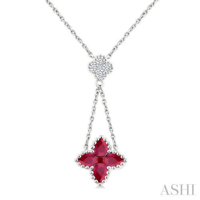 4x3 MM Pear Cut & 2.1 MM Princess Cut Ruby and 1/10 Ctw Round Cut Diamond Floral Blossom Precious Necklace in 14K White Gold
