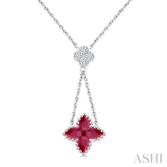 4x3 MM Pear Cut & 2.1 MM Princess Cut Ruby and 1/10 Ctw Round Cut Diamond Floral Blossom Precious Necklace in 14K White Gold