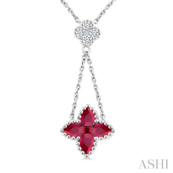 4x3 MM Pear Cut & 2.1 MM Princess Cut Ruby and 1/10 Ctw Round Cut Diamond Floral Blossom Precious Necklace in 14K White Gold