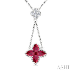 4x3 MM Pear Cut & 2.1 MM Princess Cut Ruby and 1/10 Ctw Round Cut Diamond Floral Blossom Precious Necklace in 14K White Gold