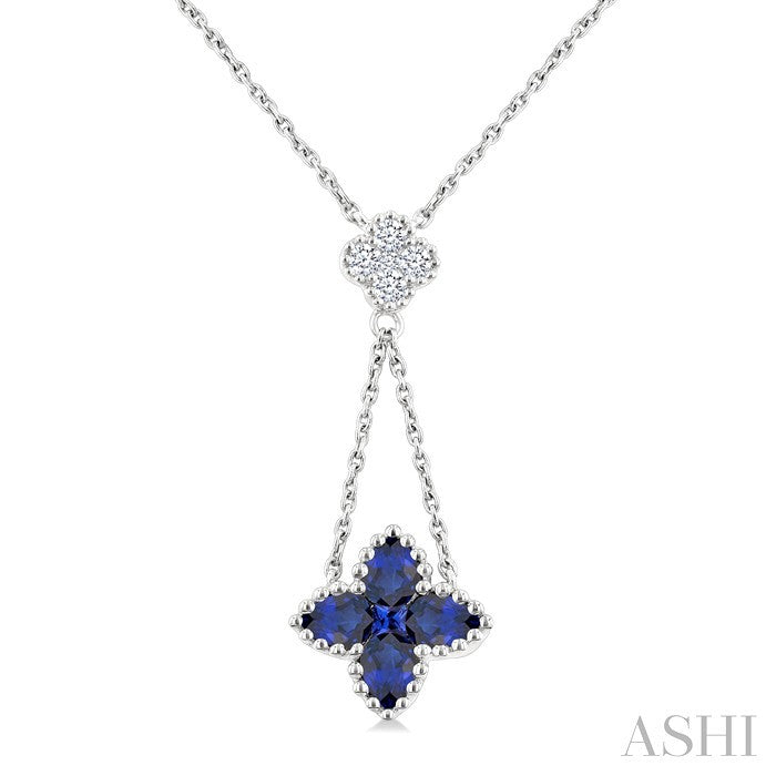 4x3 MM Pear Cut & 1.9 MM Princess Cut Sapphire and 1/10 Ctw Round Cut Diamond Floral Blossom Precious Necklace in 14K White Gold