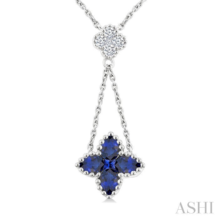 4x3 MM Pear Cut & 1.9 MM Princess Cut Sapphire and 1/10 Ctw Round Cut Diamond Floral Blossom Precious Necklace in 14K White Gold