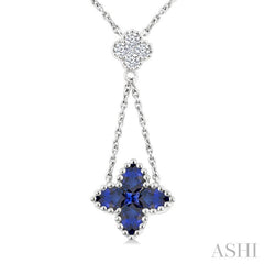 4x3 MM Pear Cut & 1.9 MM Princess Cut Sapphire and 1/10 Ctw Round Cut Diamond Floral Blossom Precious Necklace in 14K White Gold