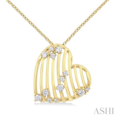 1/4 Ctw Open Window Ridged Heart Round Cut Diamond Pendant With Chain in 14K Yellow Gold