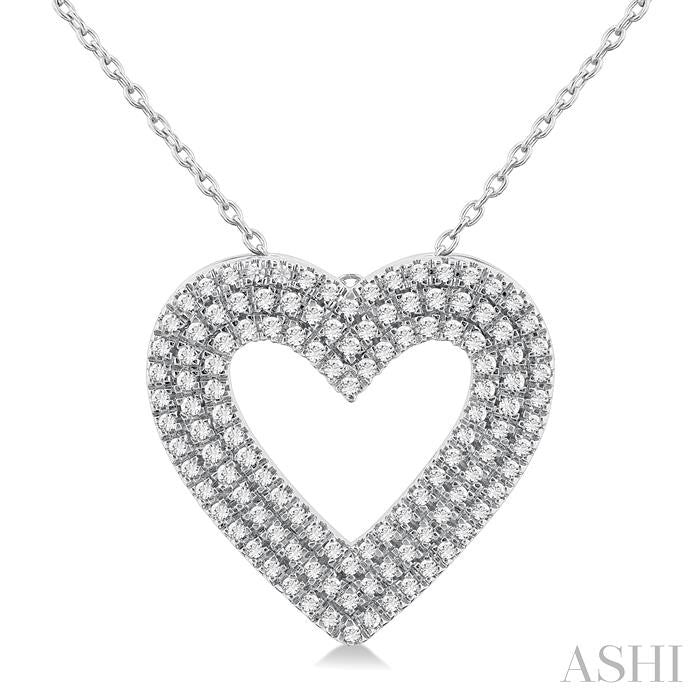 3/8 Ctw Heart Shape Triple Row Round Cut Diamond Fashion Pendant With Chain in 14K White Gold