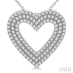 3/8 Ctw Heart Shape Triple Row Round Cut Diamond Fashion Pendant With Chain in 14K White Gold