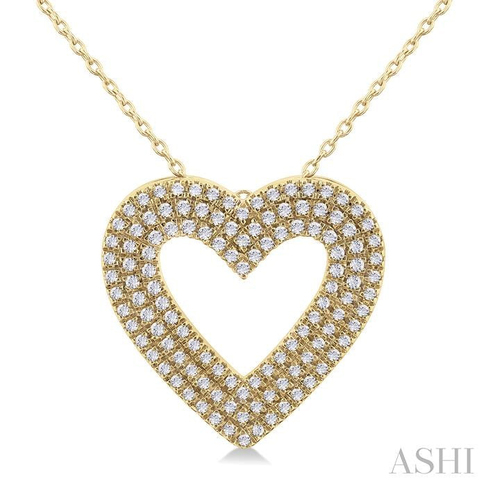 3/8 Ctw Heart Shape Triple Row Round Cut Diamond Fashion Pendant With Chain in 10K Yellow Gold