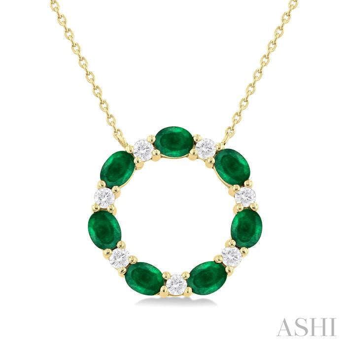 4x3 MM Oval Cut Emerald and 1/4 Ctw Round Cut Diamond Circle Pendant in 14K Yellow Gold