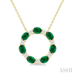 4x3 MM Oval Cut Emerald and 1/4 Ctw Round Cut Diamond Circle Pendant in 14K Yellow Gold