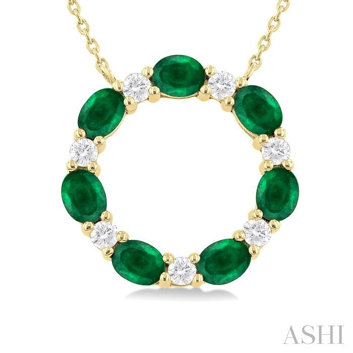 4x3 MM Oval Cut Emerald and 1/4 Ctw Round Cut Diamond Circle Pendant in 14K Yellow Gold