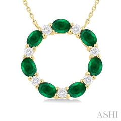 4x3 MM Oval Cut Emerald and 1/4 Ctw Round Cut Diamond Circle Pendant in 14K Yellow Gold