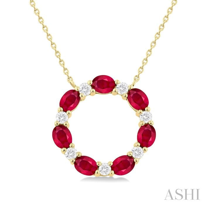 4x3 MM Oval Cut Ruby and 1/4 Ctw Round Cut Diamond Circle Pendant in 14K Yellow Gold
