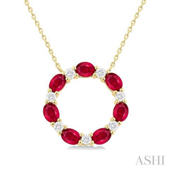4x3 MM Oval Cut Ruby and 1/4 Ctw Round Cut Diamond Circle Pendant in 14K Yellow Gold