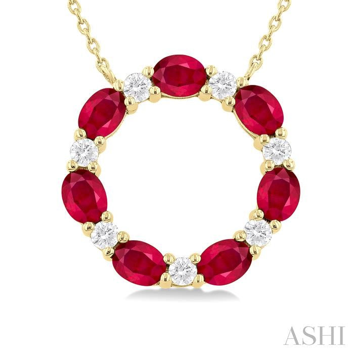 4x3 MM Oval Cut Ruby and 1/4 Ctw Round Cut Diamond Circle Pendant in 14K Yellow Gold
