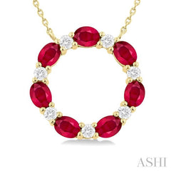 4x3 MM Oval Cut Ruby and 1/4 Ctw Round Cut Diamond Circle Pendant in 14K Yellow Gold
