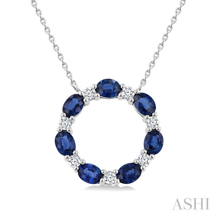 4X3MM Oval Cut Sapphire and 1/4 ctw Round Cut Diamond Circle Necklace in 14K White Gold