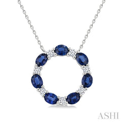 4X3MM Oval Cut Sapphire and 1/4 ctw Round Cut Diamond Circle Necklace in 14K White Gold