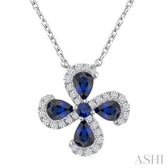 4x3 MM Pear Cut & 2 MM Round Cut Sapphire and 1/6 Ctw Round Cut Diamond Floral Shape Pendant With Chain in 14K White Gold