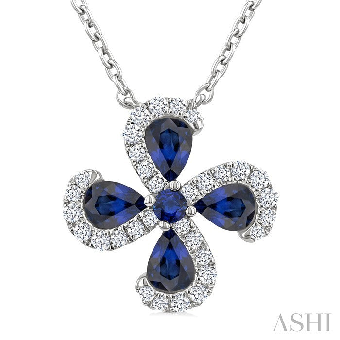 4x3 MM Pear Cut & 2 MM Round Cut Sapphire and 1/6 Ctw Round Cut Diamond Floral Shape Pendant With Chain in 14K White Gold