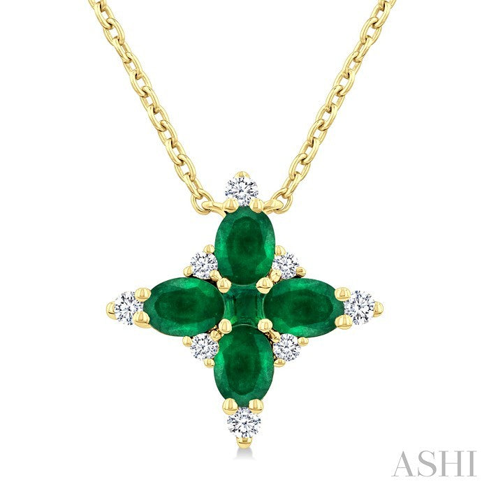 4x3 MM Oval Cut & 2 MM Princess Cut Emerald and 1/10 Ctw Round Cut Diamond Floral Design Pendant With Chain in 14K Yellow Gold