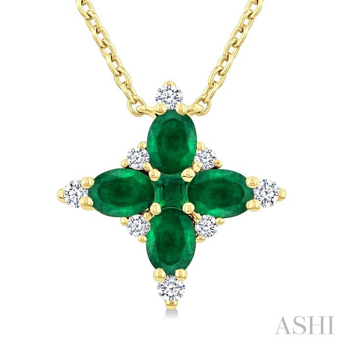 4x3 MM Oval Cut & 2 MM Princess Cut Emerald and 1/10 Ctw Round Cut Diamond Floral Design Pendant With Chain in 14K Yellow Gold