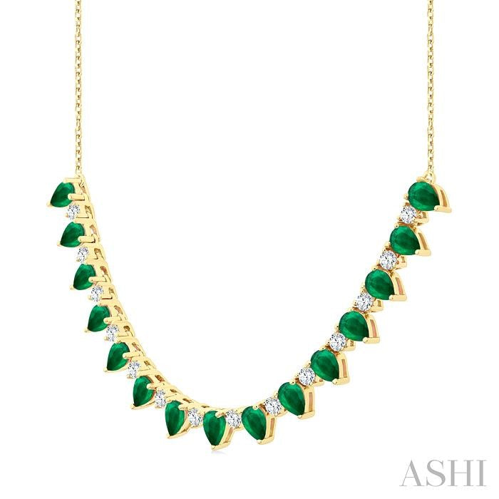 4x3 MM Pear Shape Emerald and 1/2 Ctw Round Cut Diamond Precious Tennis Necklace in 14K Yellow Gold