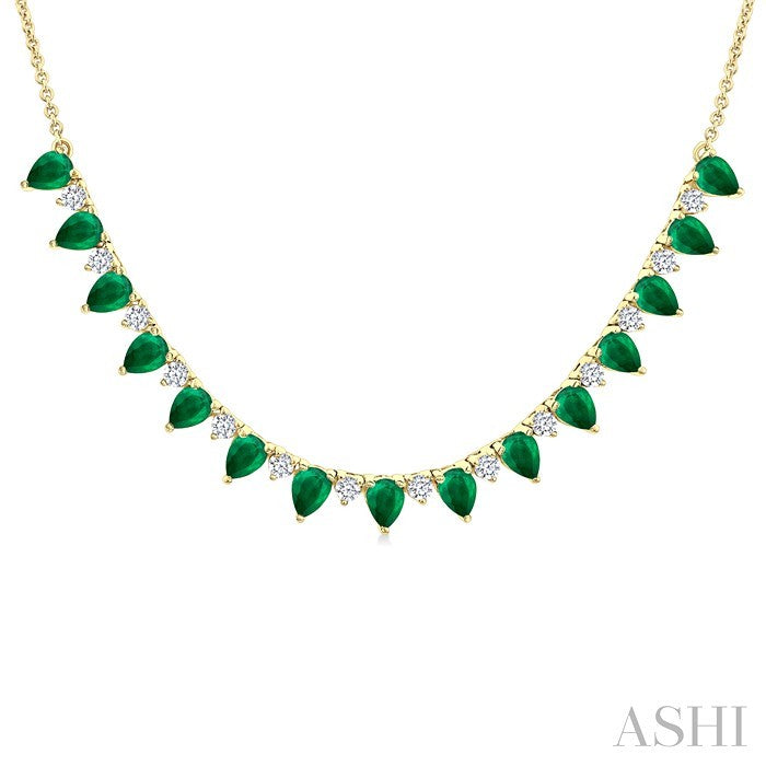 4x3 MM Pear Shape Emerald and 1/2 Ctw Round Cut Diamond Precious Tennis Necklace in 14K Yellow Gold